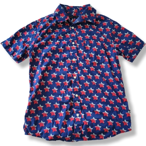 Edgar And Ash Blue Red Stars AOP Patriotic Summer Button Down Shirt - Picture 3 of 10